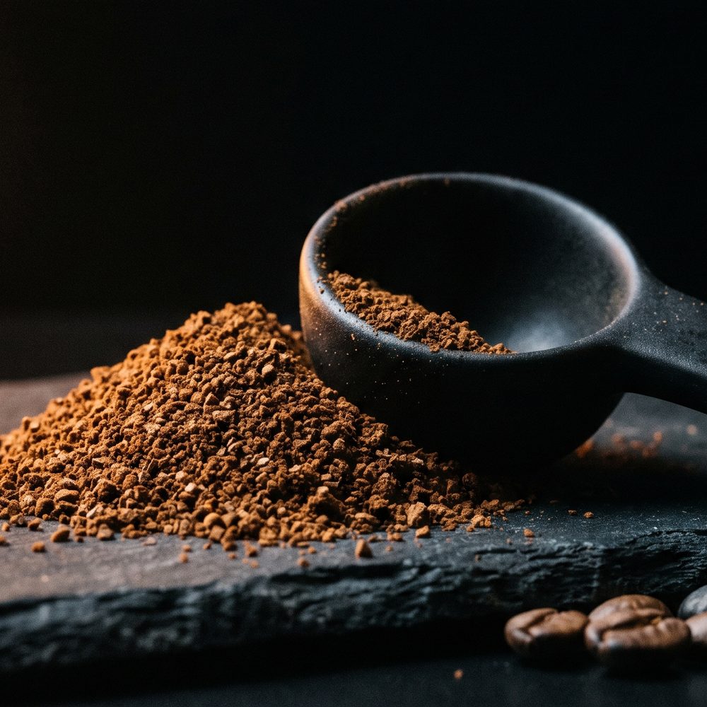 A mound of freshly ground coffee on dark slate beside a black ceramic scoop