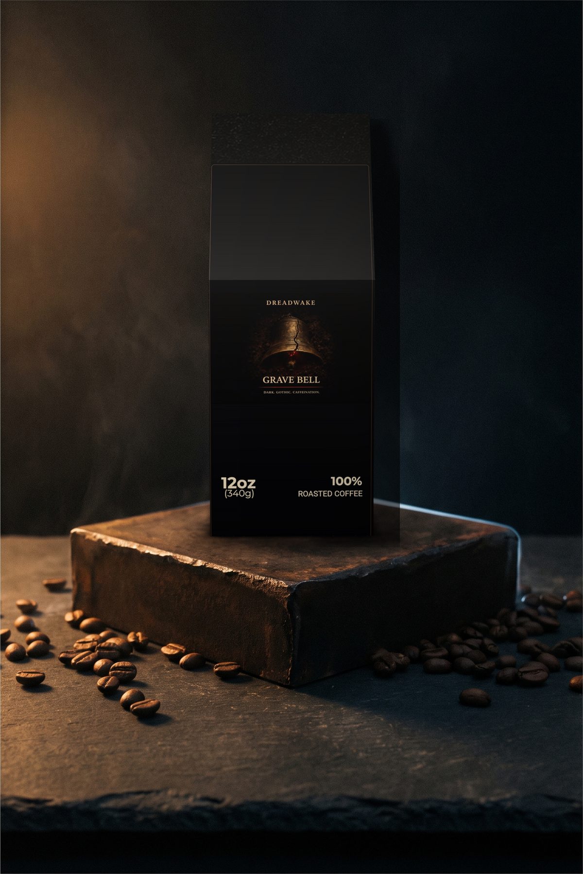 Grave Bell 12 oz (340 g) bag of coffee standing on a dark iron plinth with roasted beans scattered around it